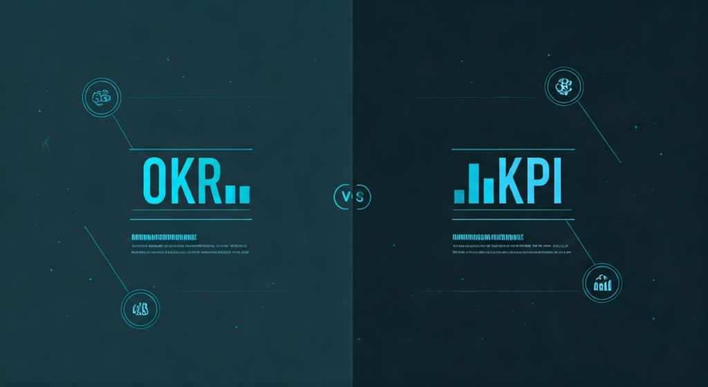 OKR과 KPI 비교 인포그래픽 목표 및 핵심 결과와 핵심 성과 지표의 차이점을 아이콘과 함께 설명하는 다이어그램