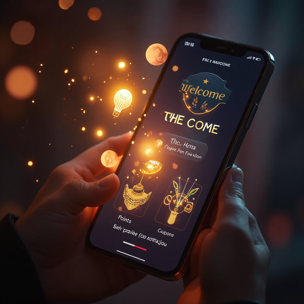 손에 든 스마트폰 화면에 빛나는 웰컴 리워드 앱 인터페이스