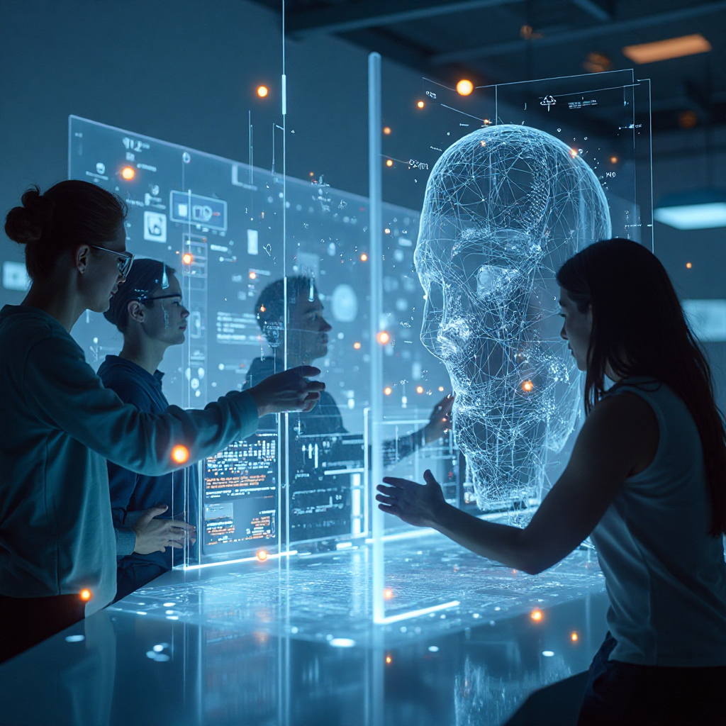 홀로그램 형태의 인공지능 머리 모델을 연구 중인 전문가 팀