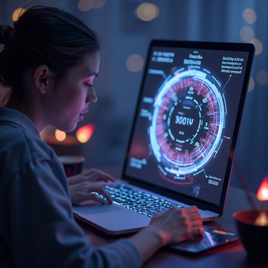 원형 데이터 인터페이스가 표시된 노트북을 조작하는 여성