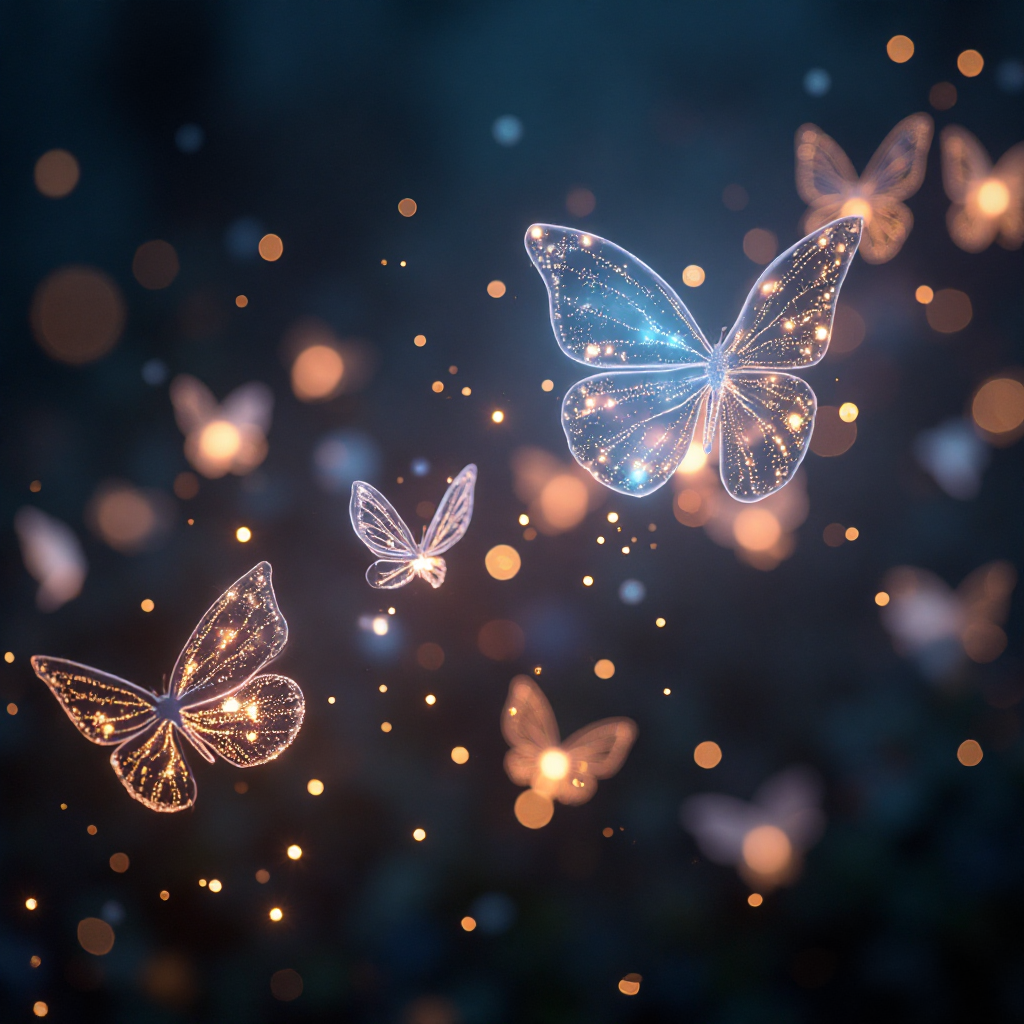빛의 입자로 표현된 투명한 나비들이 밤하늘을 날아오르는 장면