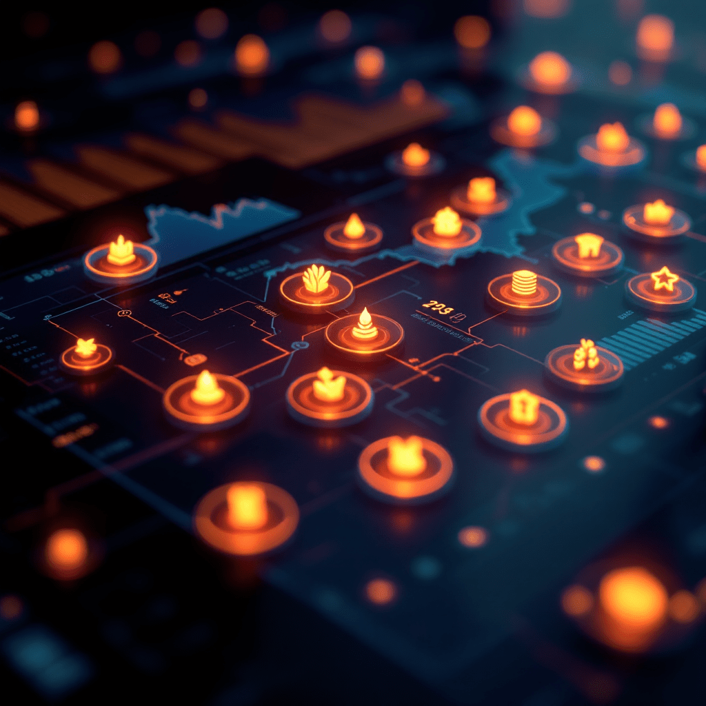 디지털 지도 위에서 시각화된 오렌지색 데이터 포인트 네트워크