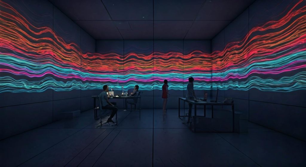 어두운 방 벽면을 따라 흐르는 다층형 컬러 데이터 파동 전시