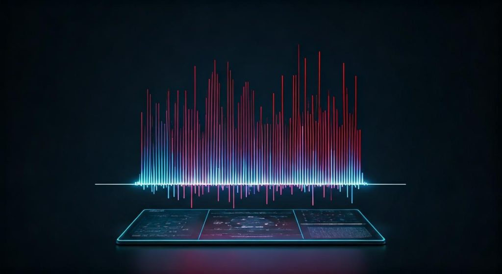 디지털 패널 위에 떠 있는 빨강과 파랑의 데이터 파형 그래픽