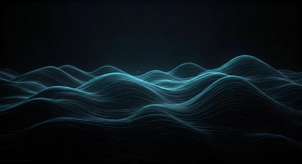 어두운 배경 위에 흐르는 푸른빛의 추상적인 파동 형태