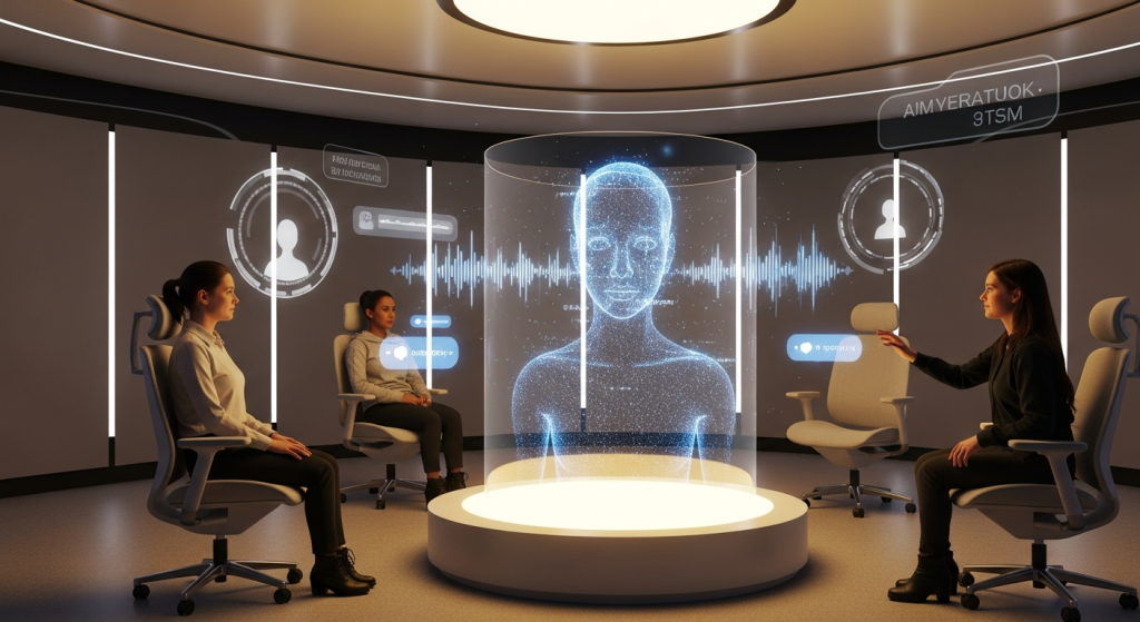 홀로그램 인공지능 아바타와 대화하는 사람들의 미래형 회의실