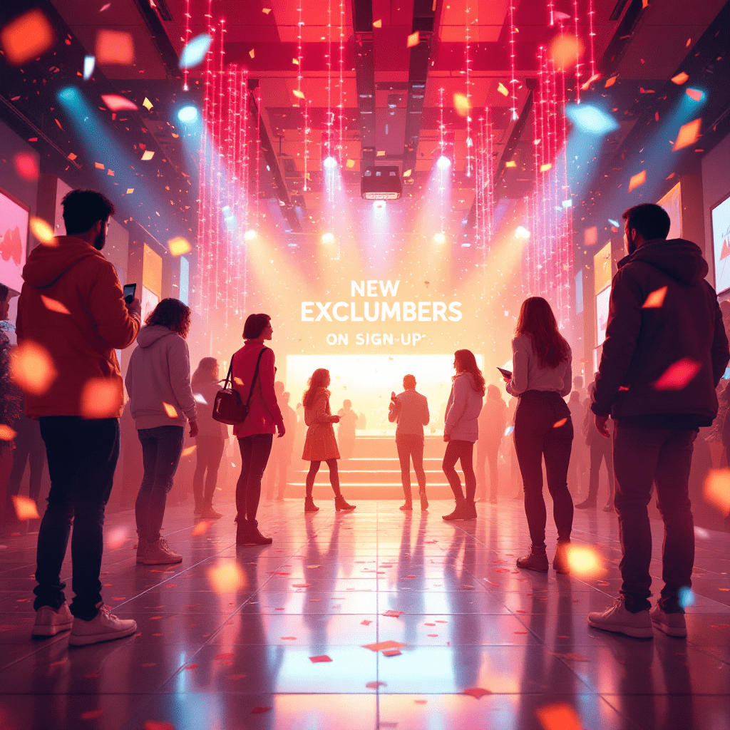 조명과 음악 속에서 신규 회원 가입 이벤트를 즐기는 사람들