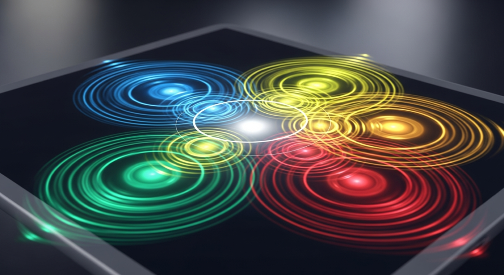 빨강·노랑·파랑·초록 원형 파동이 겹쳐진 인터랙티브 그래픽