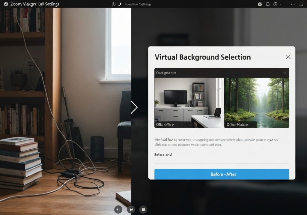 Zoom 가상 배경 선택 화면 - 사무실 및 자연 배경 옵션 표시, Before-After 비교 버튼 포함.