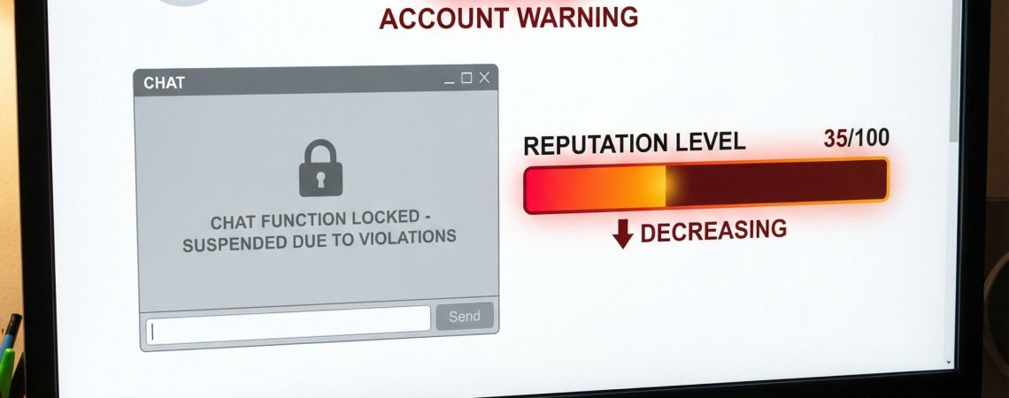 컴퓨터 화면에 빨간 경고 표시와 함께 채팅 기능이 잠긴 계정, 하락하는 평판 수치 막대가 표시된 모습이다.