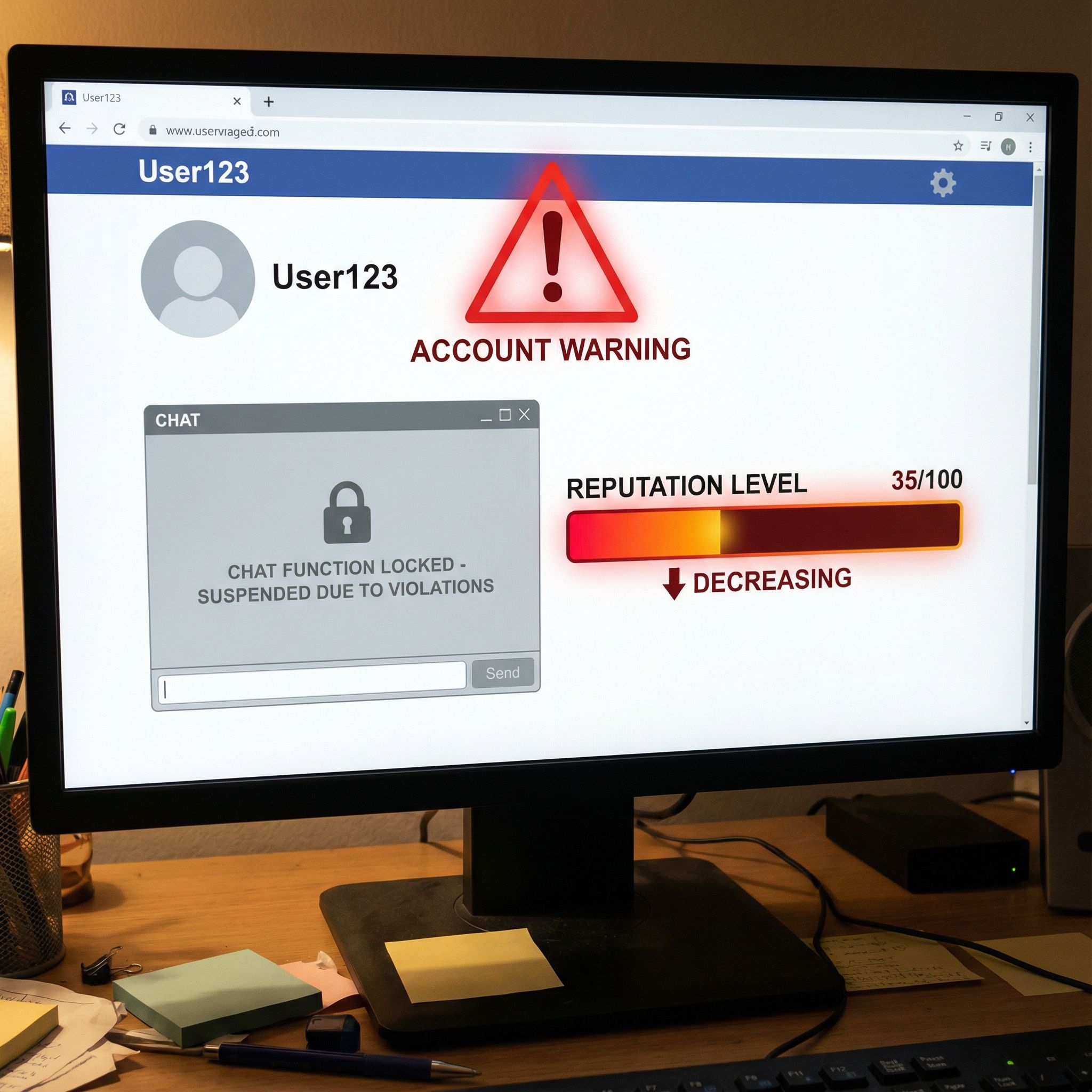 컴퓨터 화면에 빨간 경고 표시와 함께 채팅 기능이 잠긴 계정, 하락하는 평판 수치 막대가 표시된 모습이다.