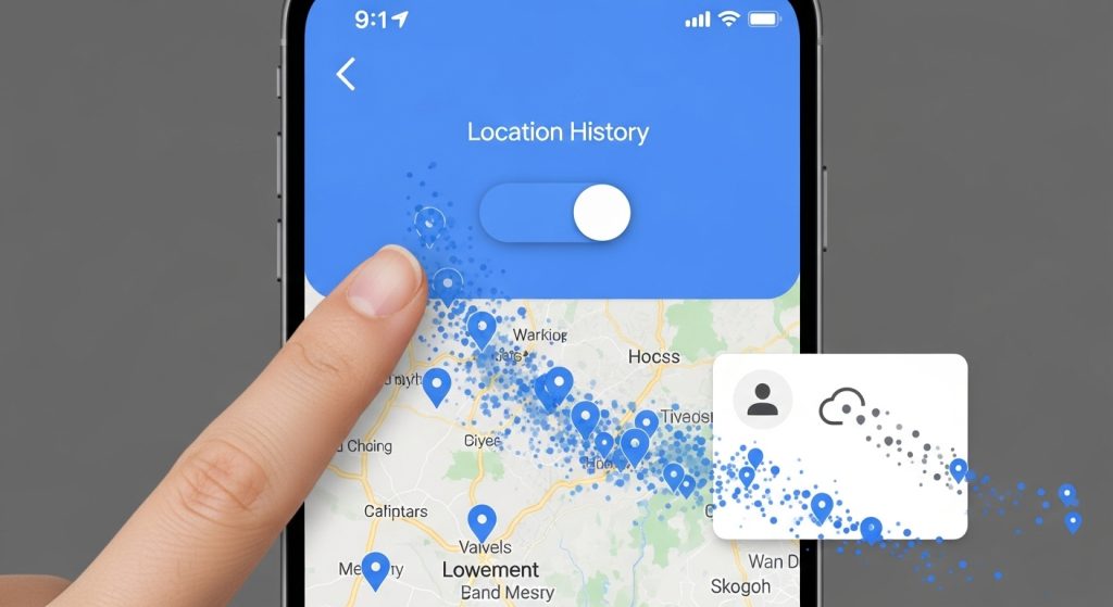 위치 기록 화면 - 활성화된 토글 스위치와 지도에 표시된 여러 방문 위치 마커, 사용자 및 클라우드 동기화 아이콘.