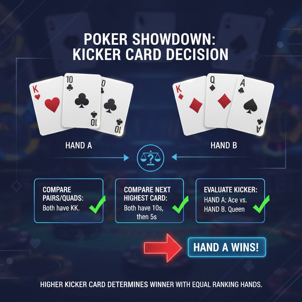 포커 쇼다운 키커 카드 결정 규칙 동등한 랭킹 핸드에서 높은 키커로 승자를 가리는 비교 분석 인포그래픽