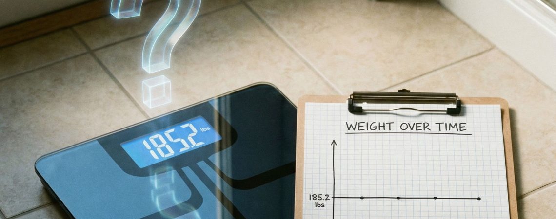 검은색 디지털 체중계에 같은 숫자가 고정되어 있고, 그 위로 물음표가 떠 있습니다