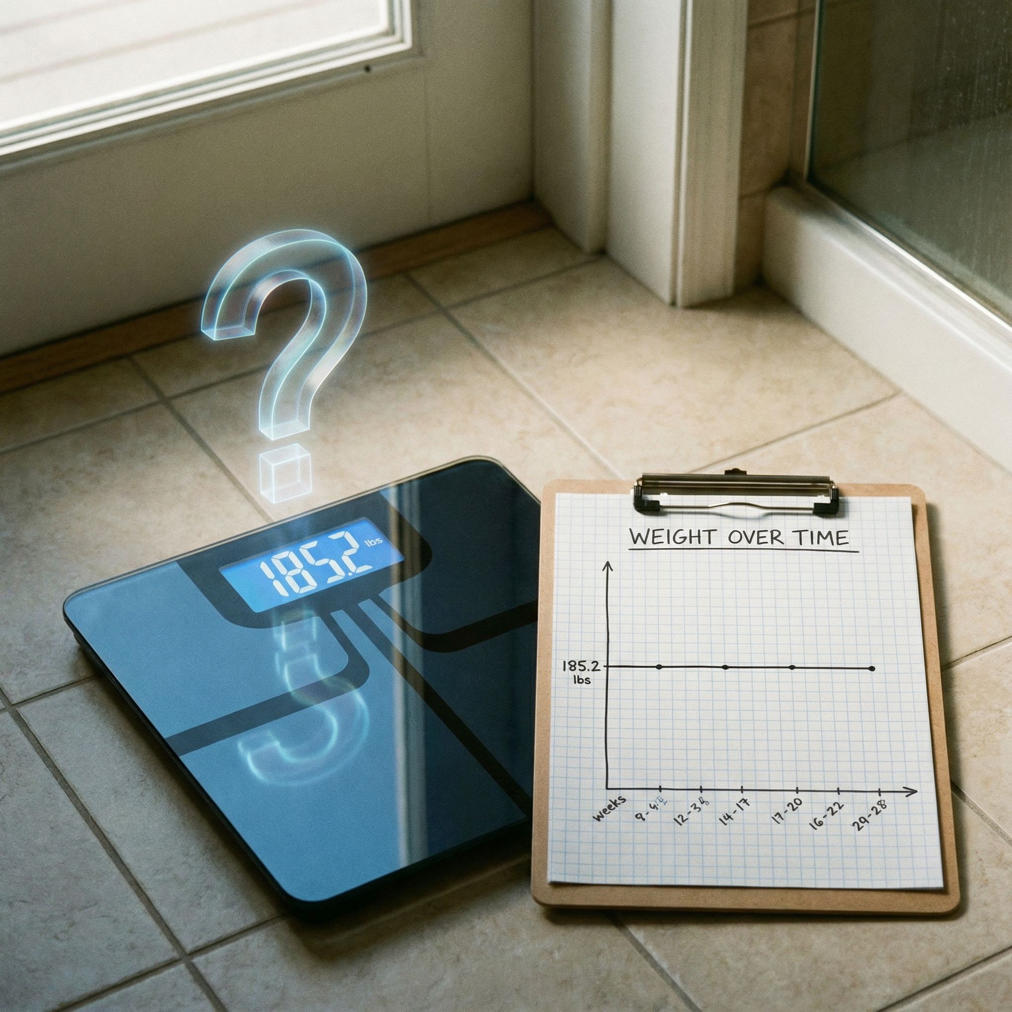 검은색 디지털 체중계에 같은 숫자가 고정되어 있고, 그 위로 물음표가 떠 있습니다