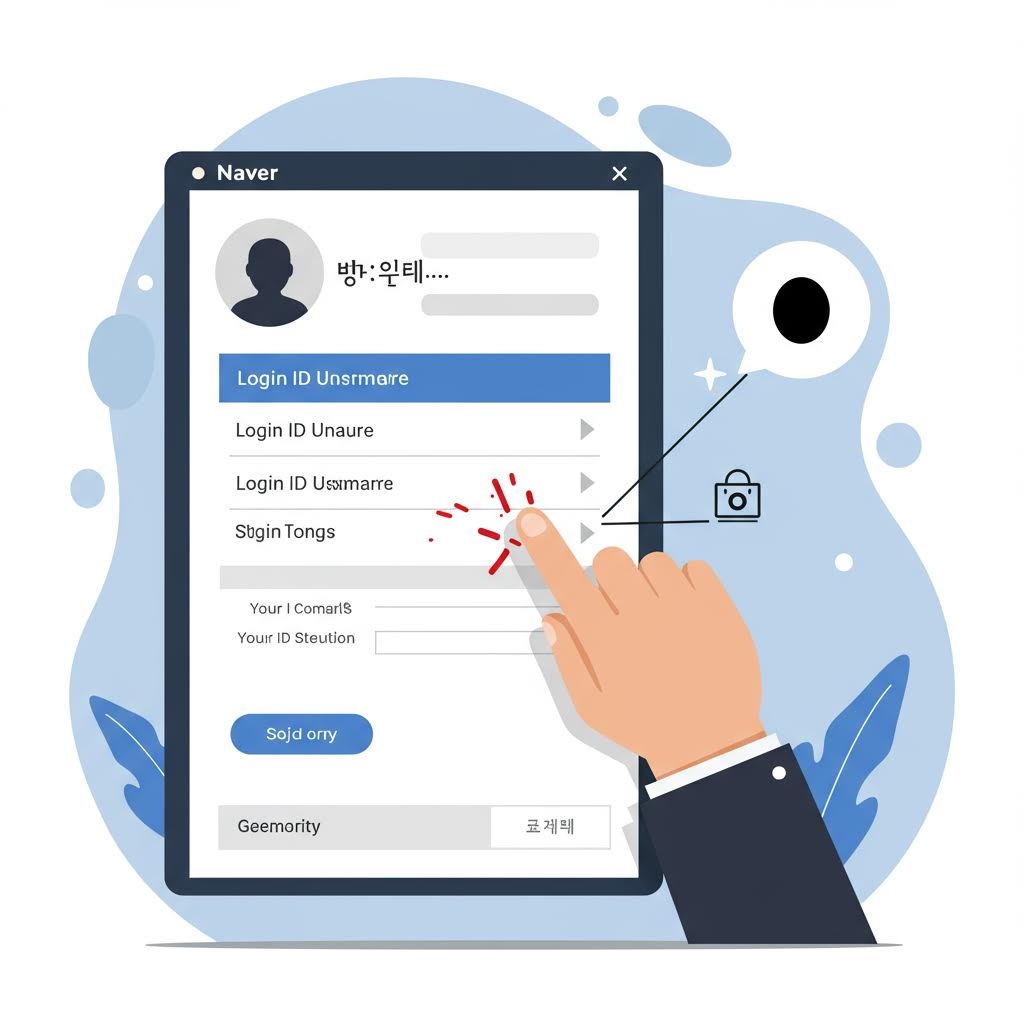 네이버 로그인 화면 일러스트 - 여러 저장된 로그인 ID 목록에서 선택하는 손가락과 보안 잠금 아이콘.