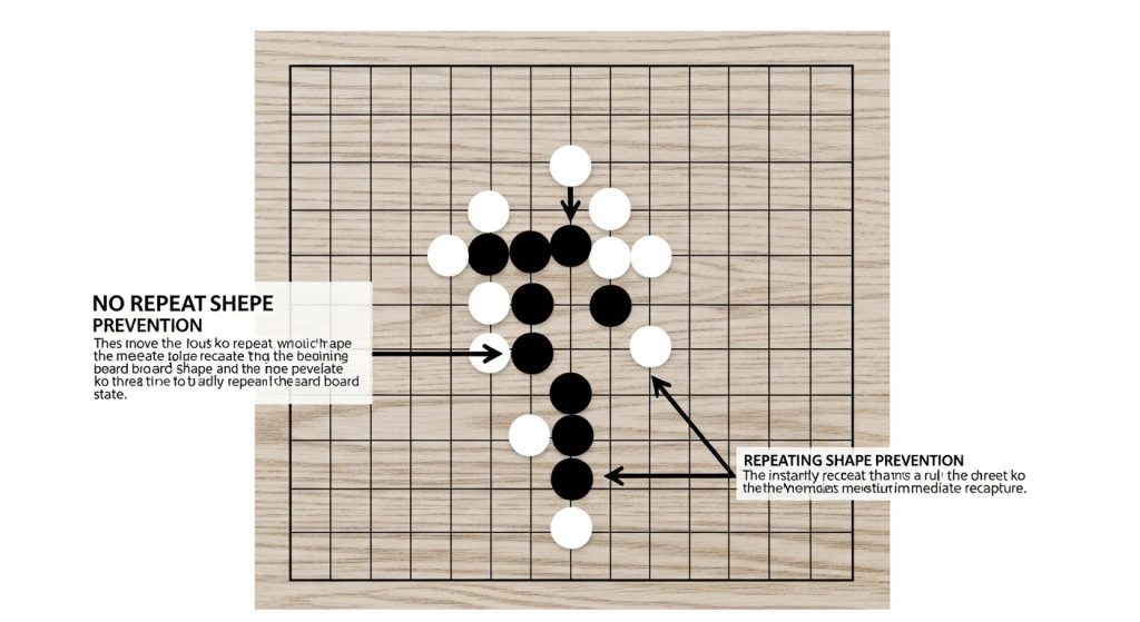 바둑 반복 수순 방지 규칙 설명 흑백 돌 배치로 보여주는 패 금지와 즉시 재포석 방지 전략 다이어그램