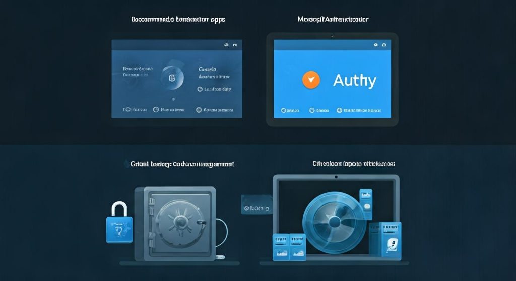 2단계 인증 방법 인포그래픽 - Google Authenticator 추천 앱, Microsoft Authenticator(Authy), Gmail 백업 코드 금고, 복구 코드 안전 저장 등 4가지 옵션.