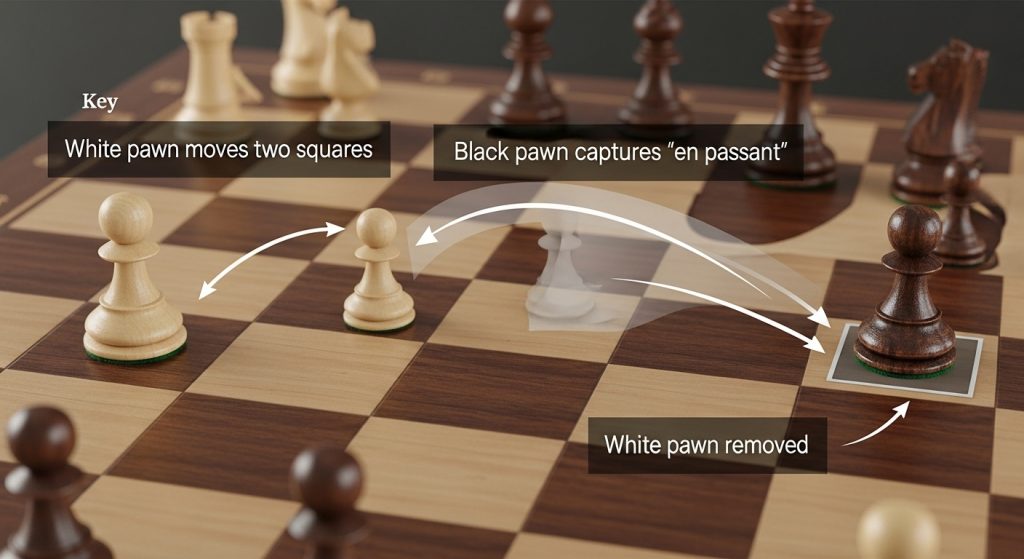 체스 앙파상 룰 설명 백색 폰의 2칸 전진과 흑색 폰의 특수 포획 이동 경로를 화살표로 표시한 교육용 체스판