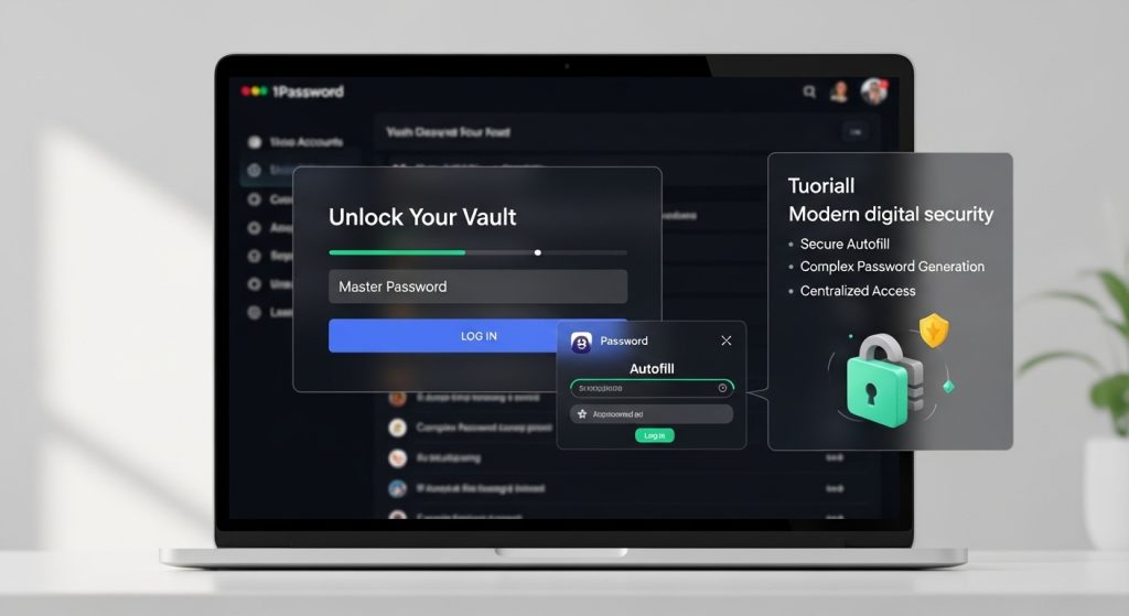 1Password 볼트 잠금 해제 화면 - 마스터 비밀번호 입력 필드, 자동 완성 기능 팝업, 안전한 자동 완성, 복잡한 비밀번호 생성, 중앙 집중식 액세스 등 현대 디지털 보안 튜토리얼 패널.