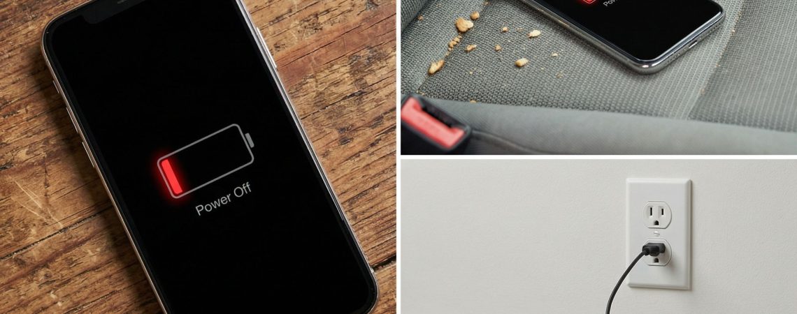 검정색 스마트폰 화면에 빨간색 배터리 부족 아이콘이 나타나 있고 나무 책상과 자동차 시트 등 다