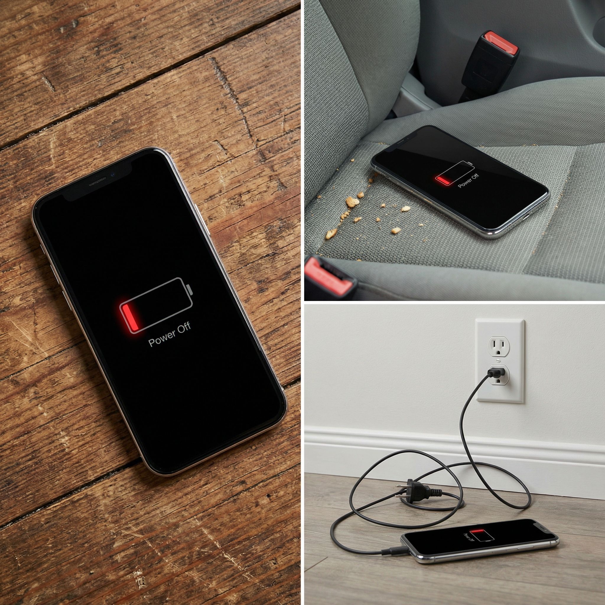 스마트폰 배터리 방전 콜라주: 나무 바닥, 자동차 좌석, 벽면 콘센트 충전 중인 세 장면에서 'Power Off' 저전력 경고가 표시된 스마트폰 사진 모음.