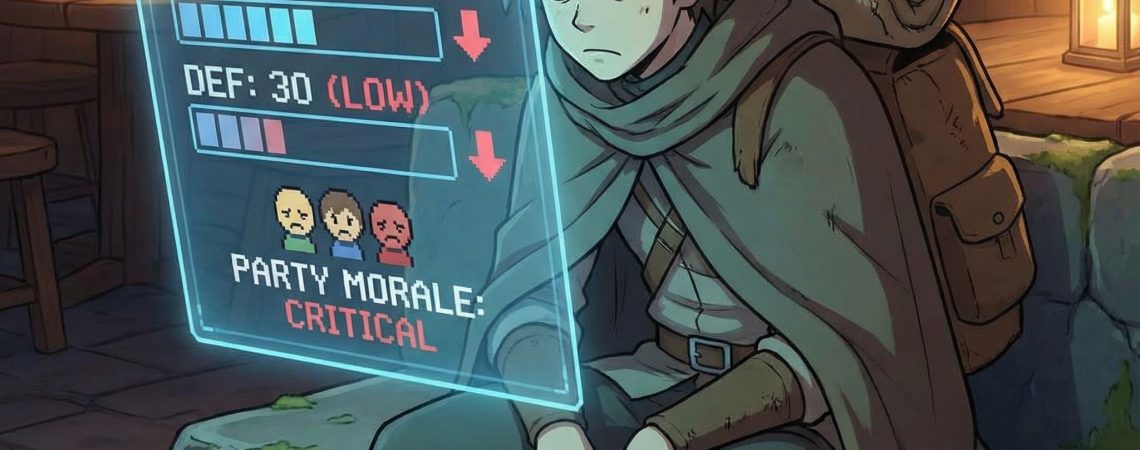 풀쩍 늘어진 모험가 복장의 캐릭터가 실망한 표정으로, 저조한 능력치와 슬픈 팀원 얼굴이 빛나는 홀로그램 화면을 바라보고 있습니다.