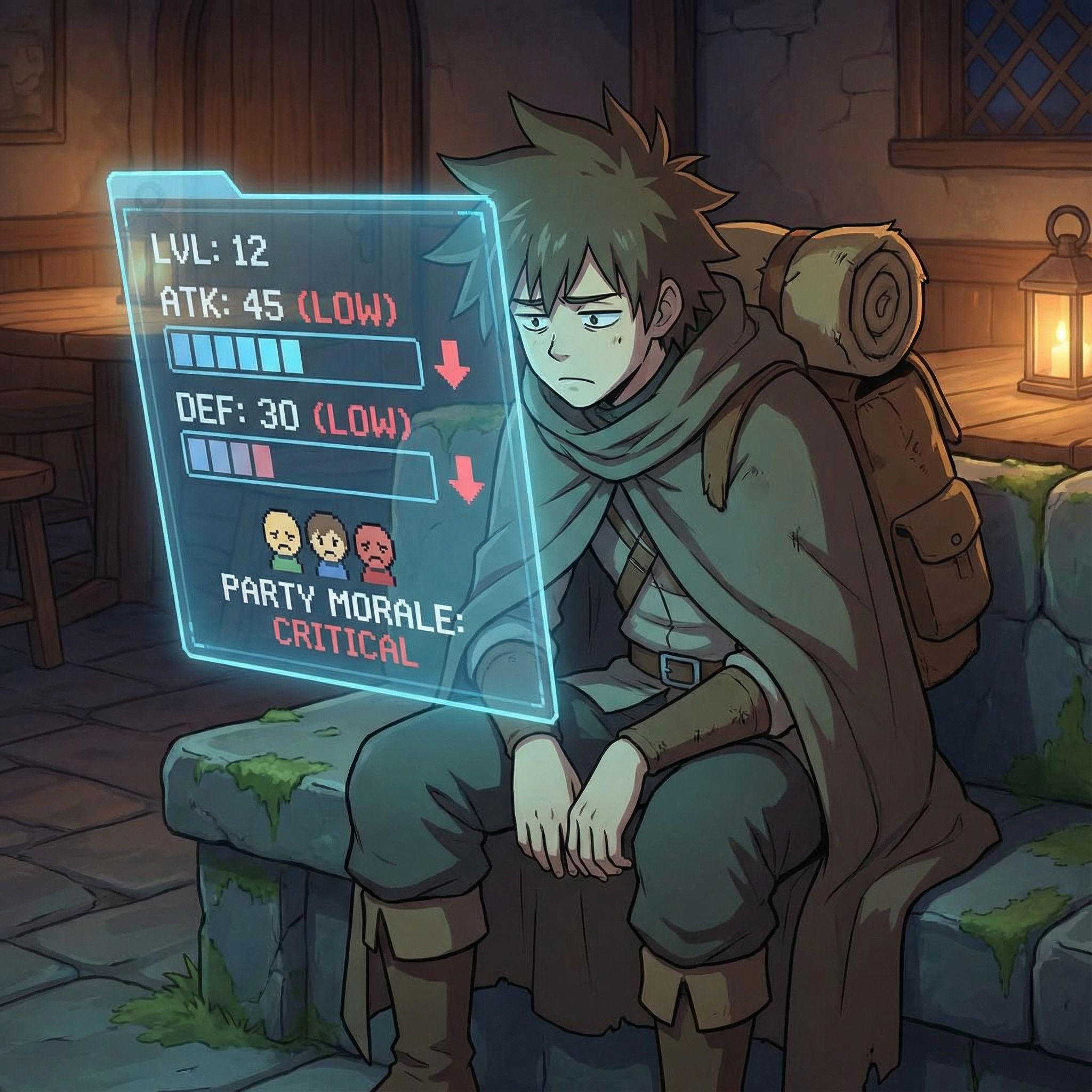 풀쩍 늘어진 모험가 복장의 캐릭터가 실망한 표정으로, 저조한 능력치와 슬픈 팀원 얼굴이 빛나는 홀로그램 화면을 바라보고 있습니다.