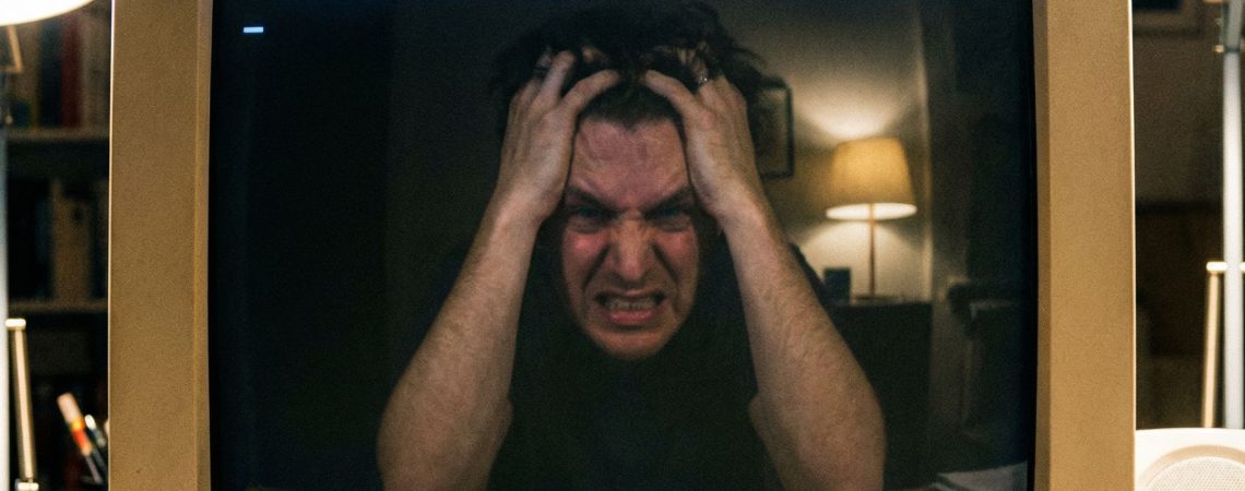 검은 화면에 에러 메시지가 떠 있는 컴퓨터 모니터와, 그 화면에 비친 짜증 난 사용자의 얼굴이 보이는 모습이다.