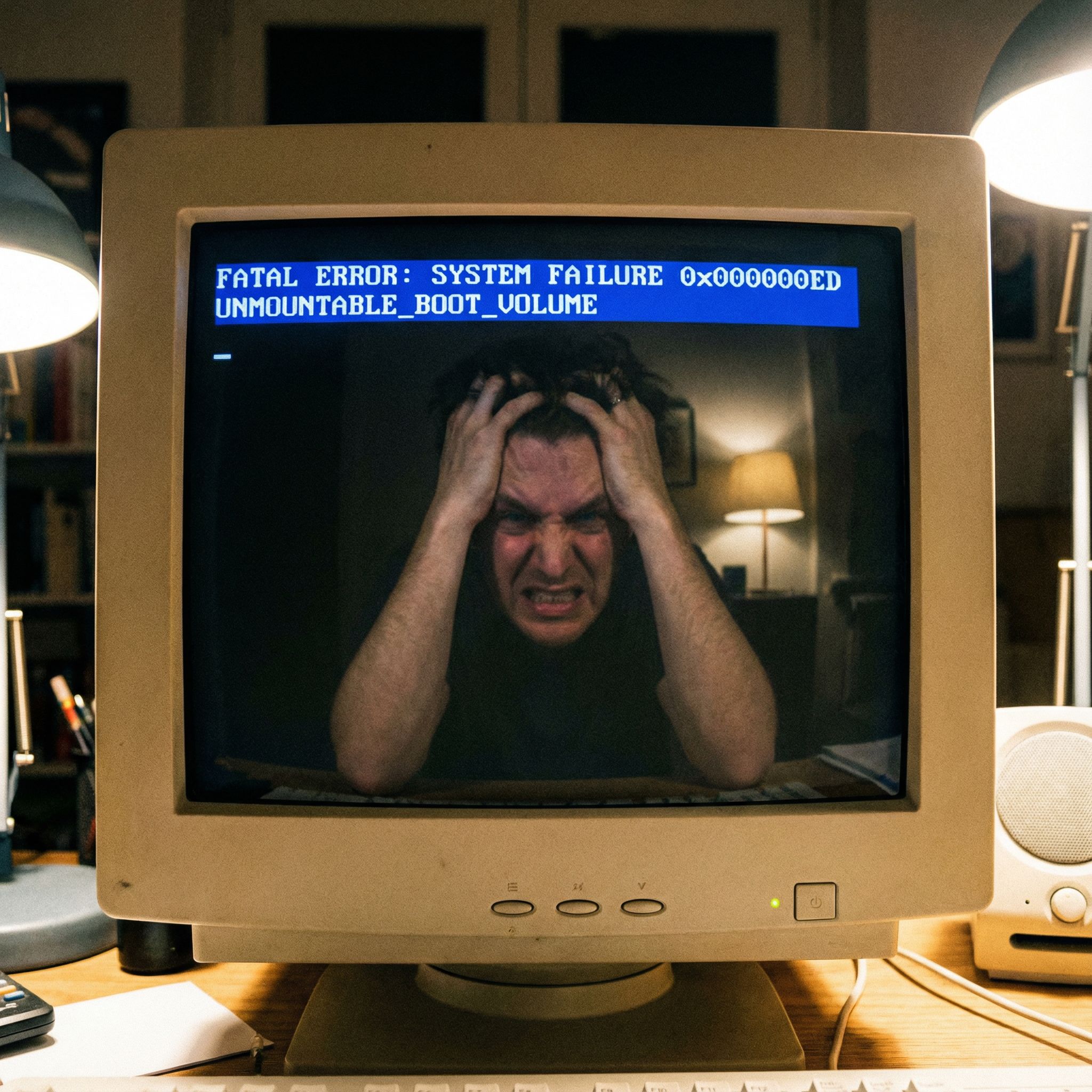 검은 화면에 에러 메시지가 떠 있는 컴퓨터 모니터와, 그 화면에 비친 짜증 난 사용자의 얼굴이 보이는 모습이다.