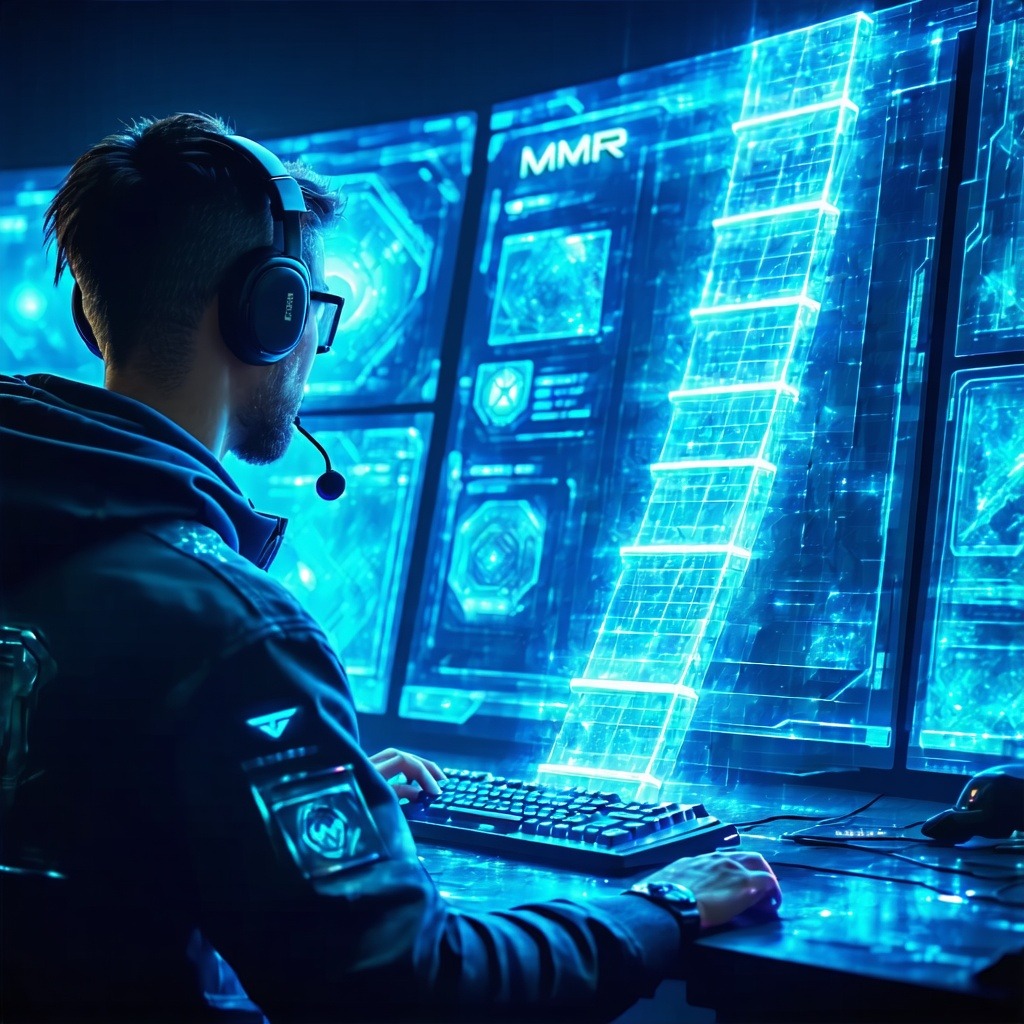 헤드셋을 쓰고 모니터에 표시된 MMR 정보를 살펴보는 게이머.