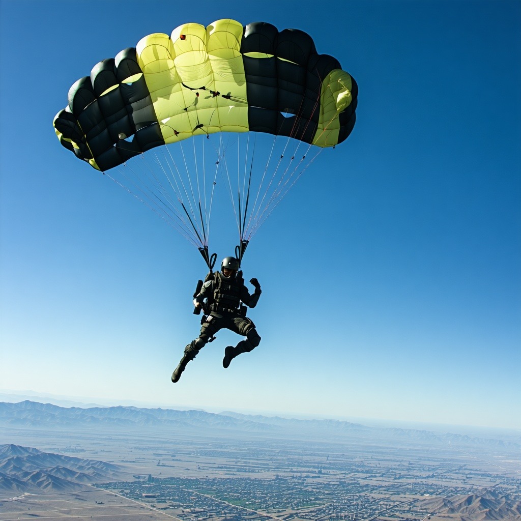 낙하산을 펼친 채 하늘에서 내려오는 플레이어의 모습