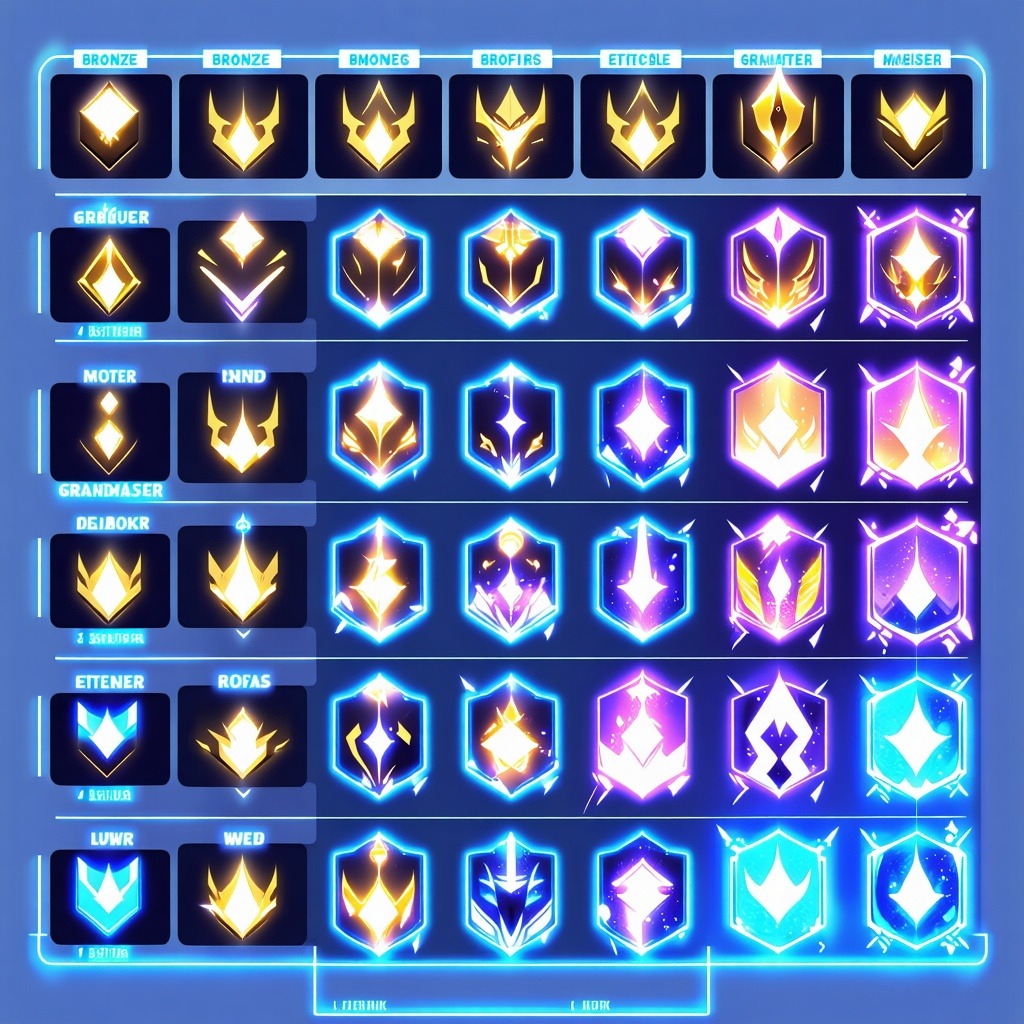여러 등급을 상징하는 화려한 아이콘들이 줄별로 배열된 티어 표