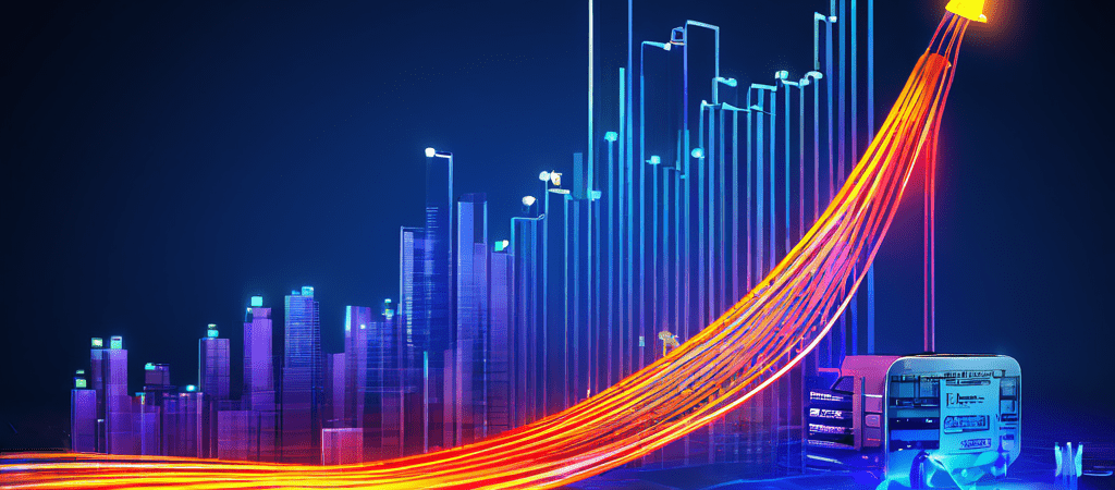 푸른색 이더넷 케이블 위로 치솟는 주식 차트와 뒤처지는 와이파이 신호가 투자 속도 차이를 표현한 모습입니다.