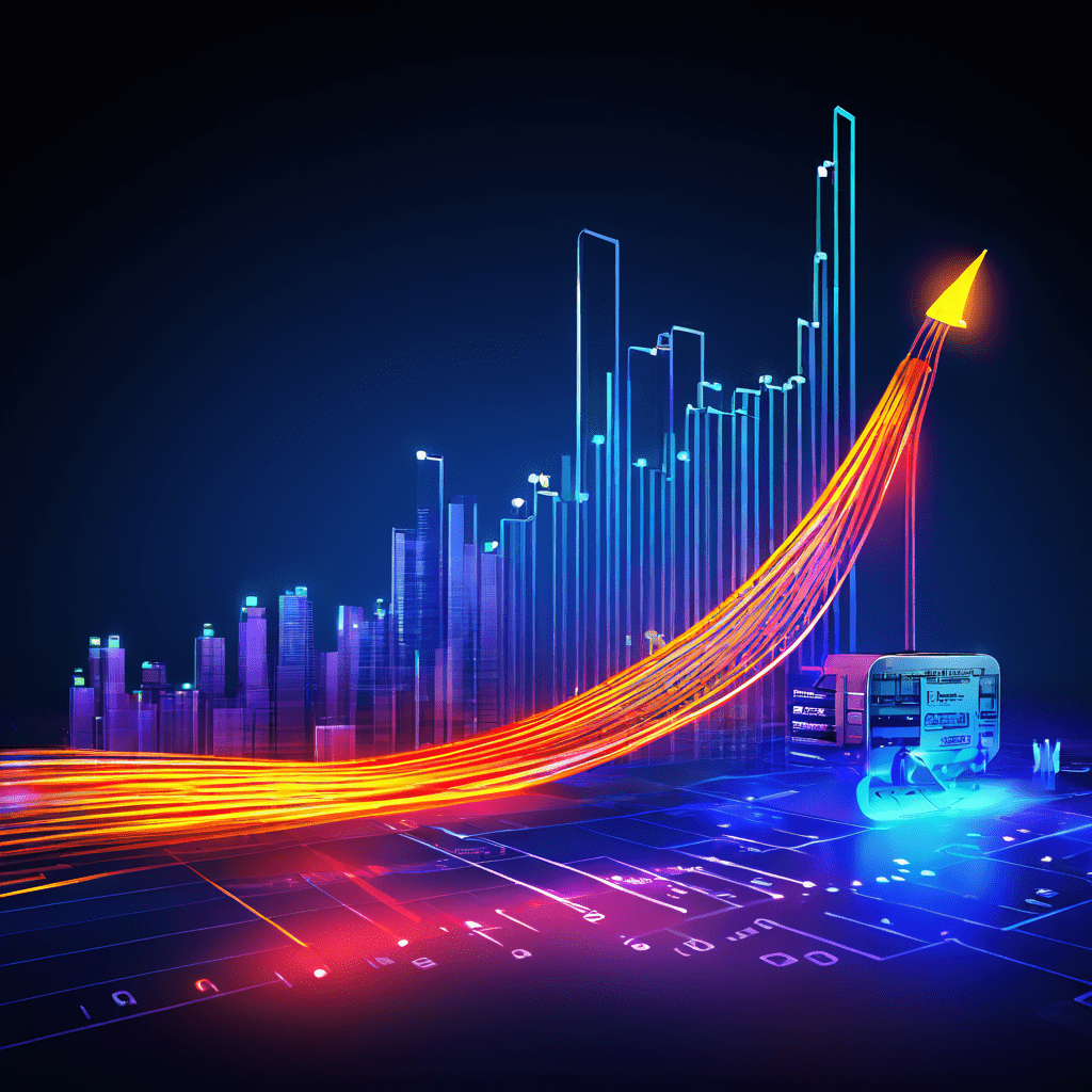 푸른색 이더넷 케이블 위로 치솟는 주식 차트와 뒤처지는 와이파이 신호가 투자 속도 차이를 표현한 모습입니다.