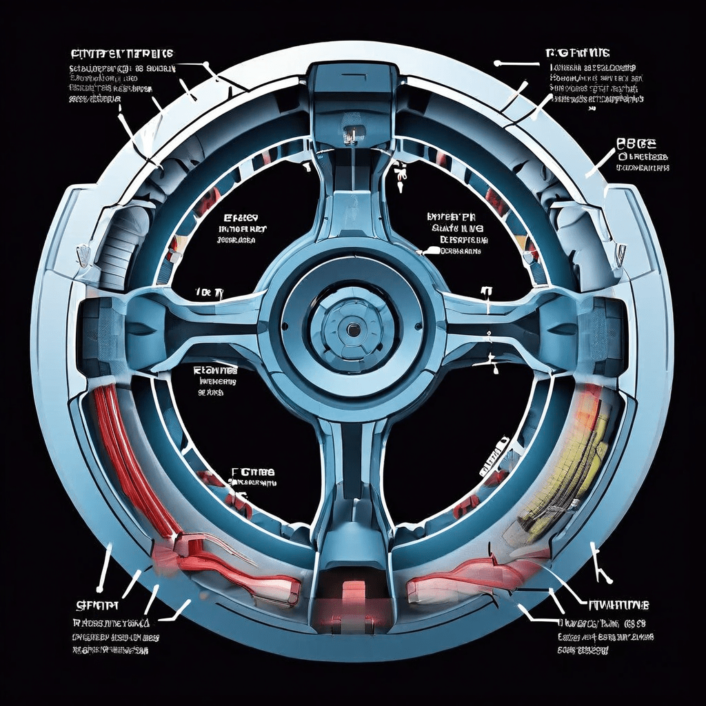 자동차 운전대 에어백 시스템의 작동 원리와 내부 구성 요소를 단면도로 상세히 보여주며, 에어백 전개 시 주요 부상 위험 구역을 표시한 설명 이미지입니다.