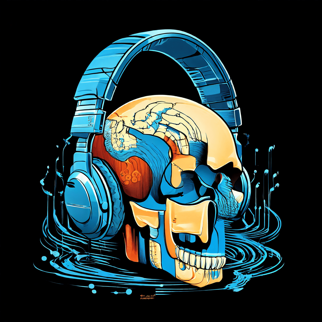 헤드폰에서 나온 음파가 외이도를 우회하여 두개골을 직접 진동시켜 내이의 달팽이관으로 전달되는 골전도 음향 전달 원리를 설명하는 다이어그램입니다.