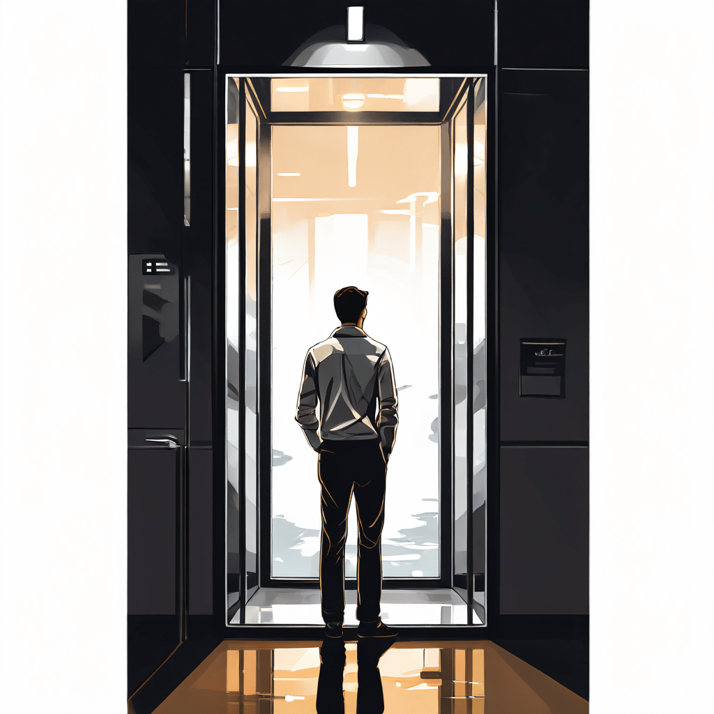 엘리베이터 안 거울에 비친 차분하고 안정된 모습의 인물을 통해 제한된 공간에서도 심리적 안전감이 유지될 수 있음을 보여주는 이미지입니다.