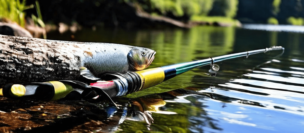 강둑에 낚시대 두 가지가 나란히 놓여 있습니다. 한쪽은 간결한 루어 낚시대이고, 다른 한쪽은 미끼와 추를 단 전통적인 낚시대입니다.