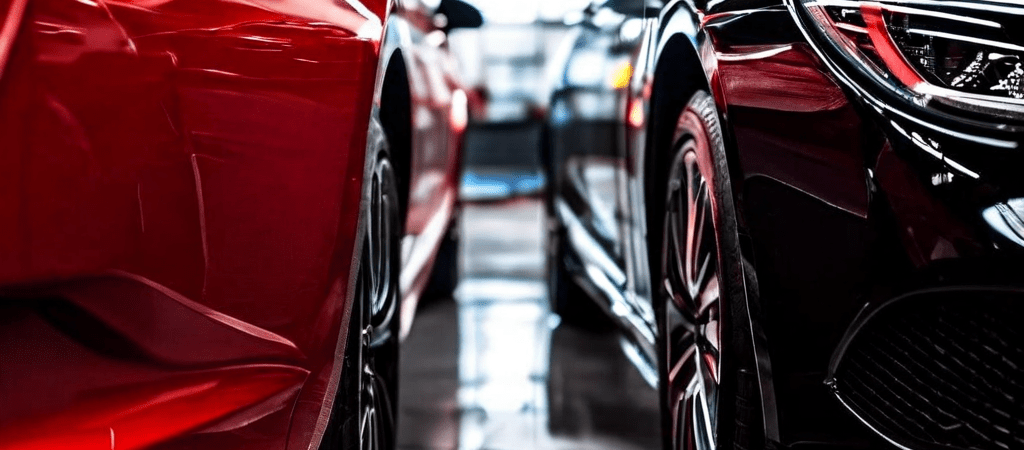 한쪽에는 빛나는 광택을 내기 위해 자동차를 연마하는 모습이고, 다른 쪽은 페인트를 보호하는 유리 코팅을 도포하는 모습을 나란히 보여준다.