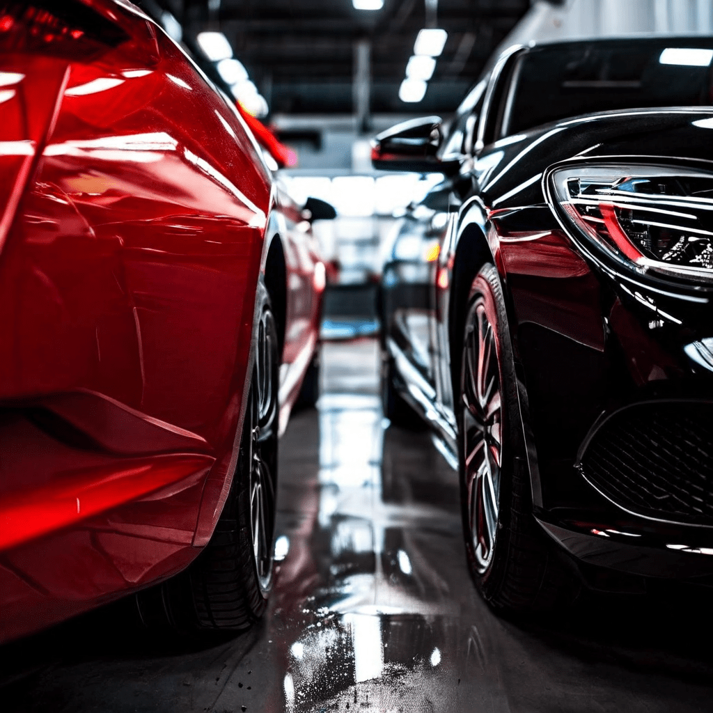 한쪽에는 빛나는 광택을 내기 위해 자동차를 연마하는 모습이고, 다른 쪽은 페인트를 보호하는 유리 코팅을 도포하는 모습을 나란히 보여준다.