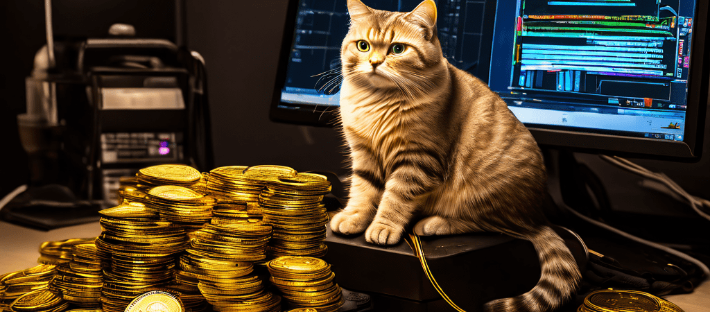 기술 작업대 위에 놓인 저울이 감긴 CAT5e 케이블과 금화 더미와 CAT6 케이블과 더 많은 금화 더미를