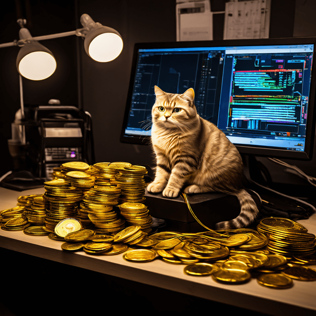 기술 작업대 위에 놓인 저울이 감긴 CAT5e 케이블과 금화 더미와 CAT6 케이블과 더 많은 금화 더미를