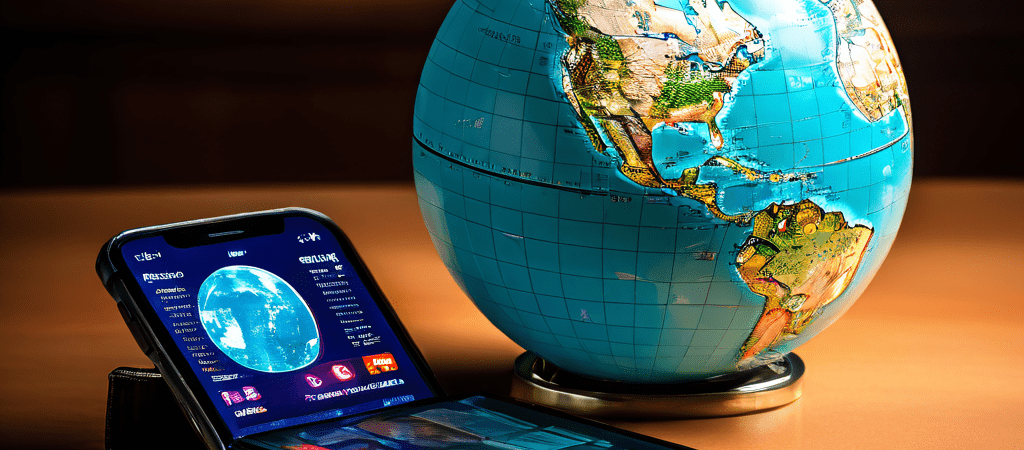 지구본 옆에 놓인 스마트폰 화면에는 높은 데이터 사용량이 표시되고, 그 반대편에 위치한 지갑은 절약된 금액을 보여주며 국제 데이터 요