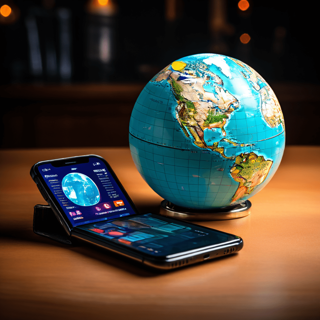 지구본 옆에 놓인 스마트폰 화면에는 높은 데이터 사용량이 표시되고, 그 반대편에 위치한 지갑은 절약된 금액을 보여주며 국제 데이터 요