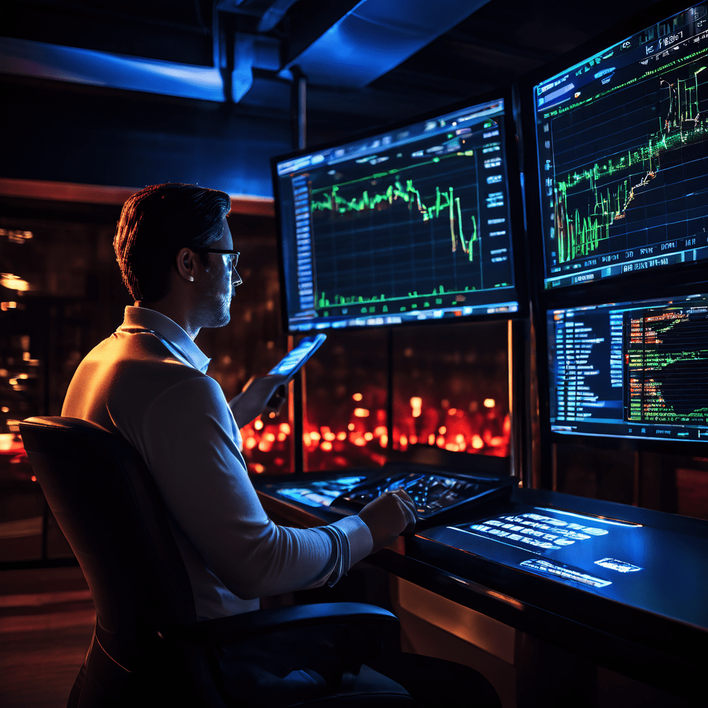 고급 골프 시뮬레이터 안에서 사람이 주식 차트처럼 빛나는 화면의 스윙 데이터를 분석하는 모습이다.