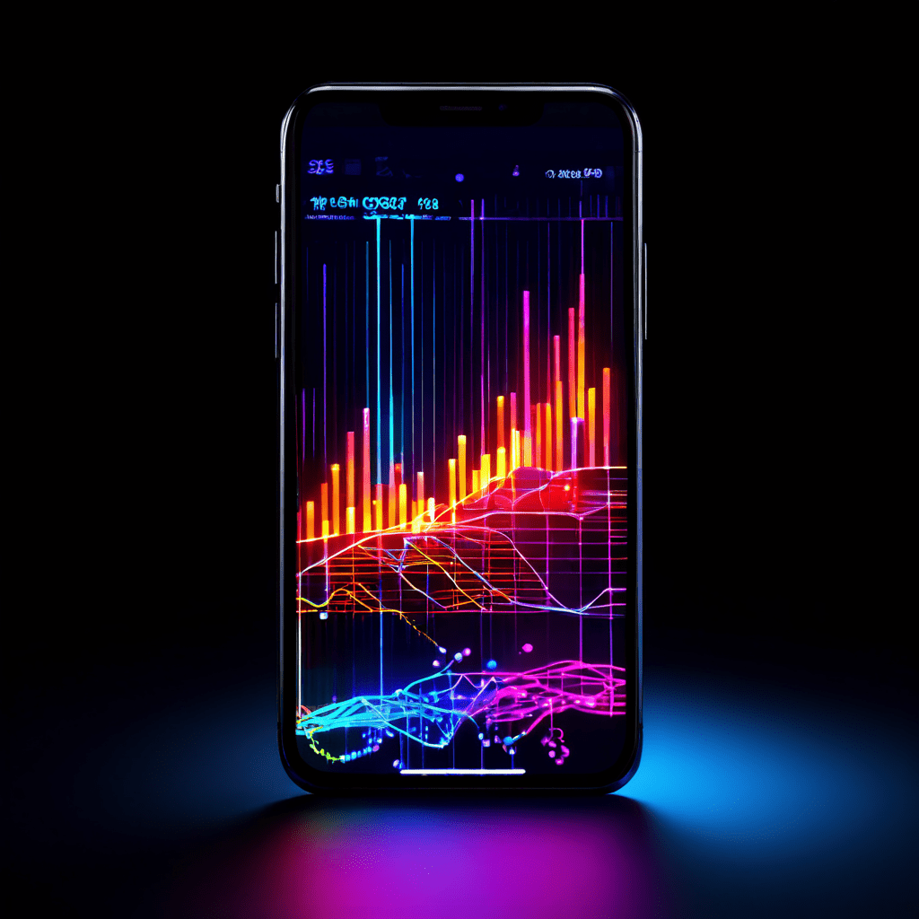 스마트폰 화면에서 수집 및 분석되는 다채로운 데이터 스트림이 어두운 공간에서 빛을 발하며 디지털 정보 처리 과정을 시각적으로 표현한 이미지입니다.