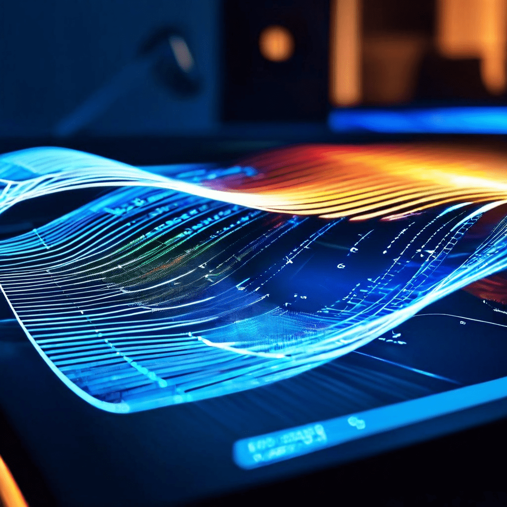 커브드 모니터 화면의 클로즈업 사진으로, 화면 위에 빛의 경로를 나타내는 선형 다이어그램이 오버레이되어 세련된 디자인 뒤에 숨은 정밀한 광학 공학 원리를 시각적으로 설명합니다.