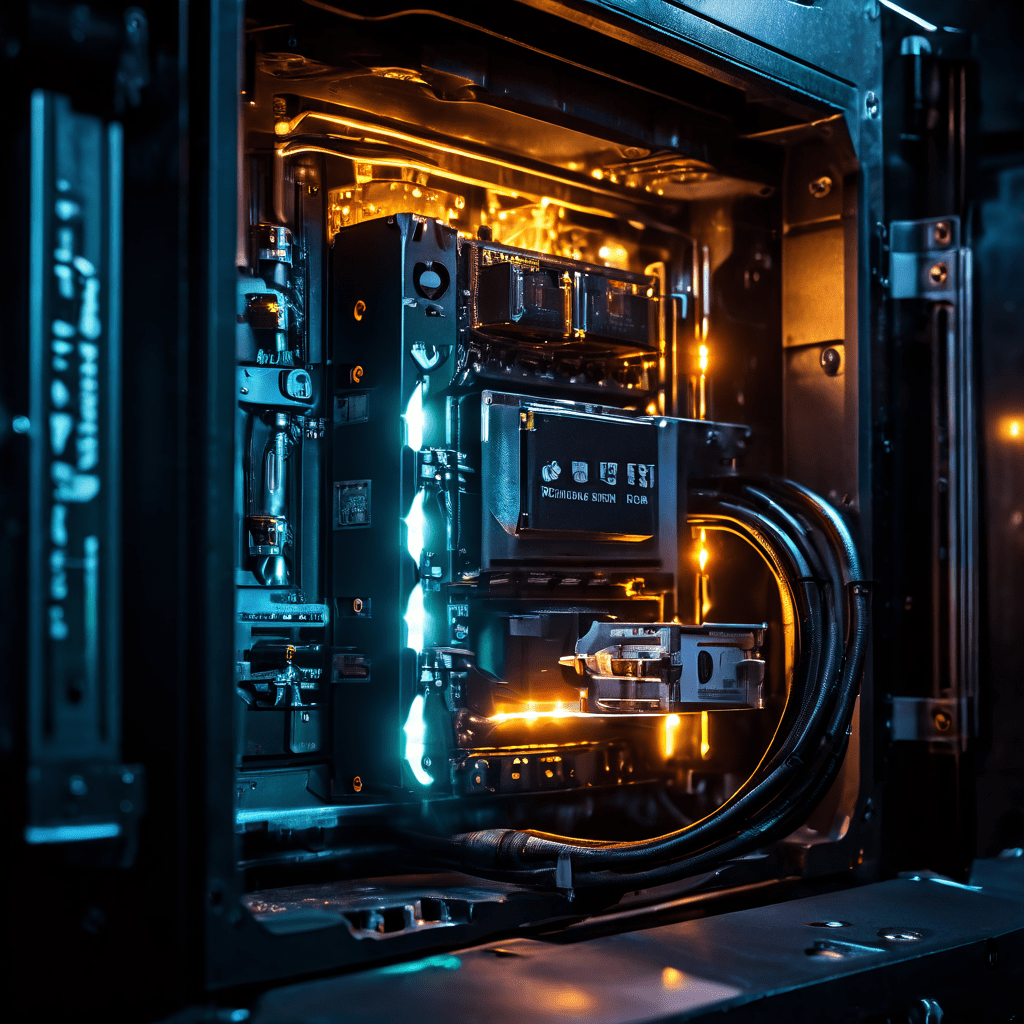 UPS 장치 내부의 안전한 배터리 교체 메커니즘을 보여주는 이미지로, 핵심 구성 요소를 보호하는 발광하는 차폐 장치와 고정 장치가 강조되어 있습니다.