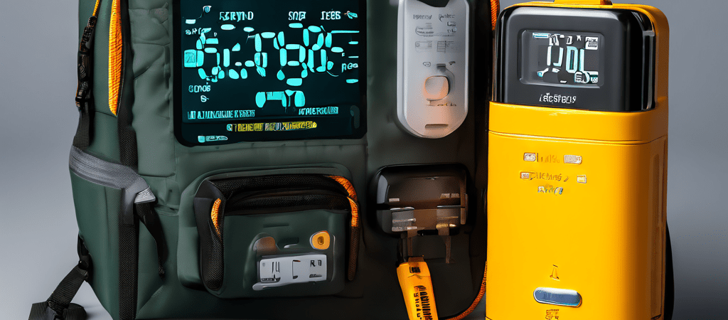 용량 게이지가 달린 캠핑용 보조 배터리가 전기 담요와 미니 냉장고에 전원을 공급하는 모습이다.